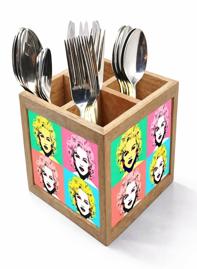 Nutcase Wooden Cutlery Stand Holder Silverware Caddy Spoons Forks Knives Organizer for Dining Table & Kitchen -Made in India-Spoons NOT Included - Girl Art - Image 1