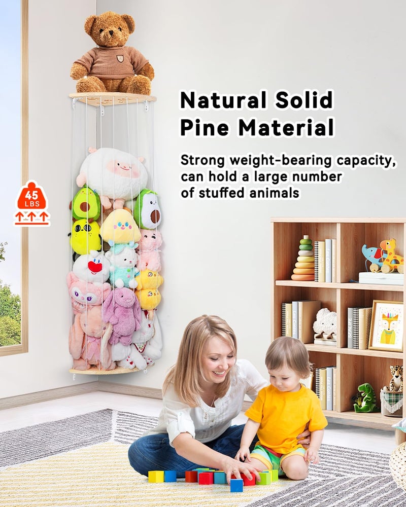 Befayoo Corner Stuffed Animal Storage Net - Heigh Adjustable Wood Stuffed Animal Organizer - Large Wall Plush Holder Teddy Bear Storage for Bedroom Nursery Decor - Image 5