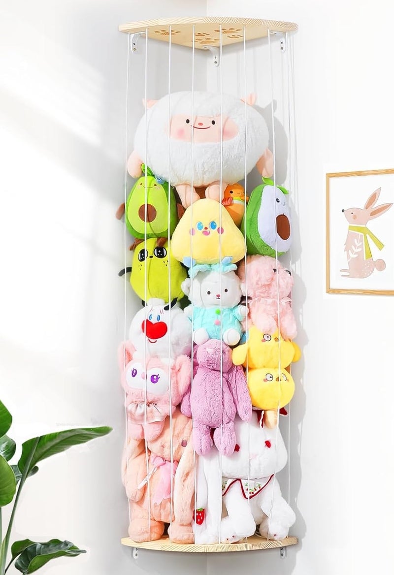 Befayoo Corner Stuffed Animal Storage Net - Heigh Adjustable Wood Stuffed Animal Organizer - Large Wall Plush Holder Teddy Bear Storage for Bedroom Nursery Decor - Image 1