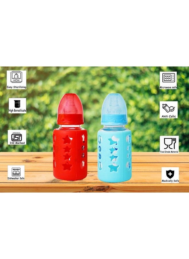 The Little Lookers - High Borosilicate Glass Feeding Bottle For Baby;Feeder For Newborn ; Super Soft Flow Control & Anti Colic Nipple For Infants;Toddlers Blue & Red (120Ml) - Image 1