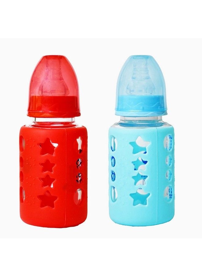 The Little Lookers - High Borosilicate Glass Feeding Bottle For Baby;Feeder For Newborn ; Super Soft Flow Control & Anti Colic Nipple For Infants;Toddlers Blue & Red (120Ml) - Image 1