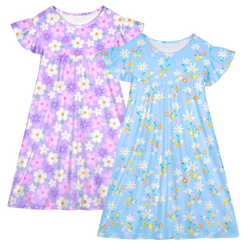 ICOSY 2PCS Girls Nightgowns Toddler Girl Pajamas Flutter Short Sleeve Princess Dress Sleepwear for Girls - Image 1