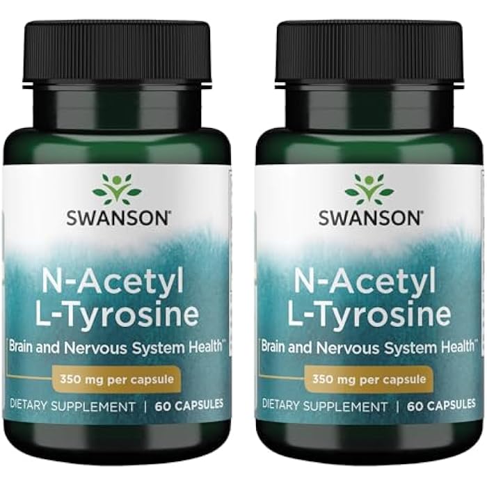 Swanson N-Acetyl L-Tyrosine - Amino Acid Supplement Supporting Overall Brain Health & Central Nervous System Function - Promotes Mood & Cognitive Health - (60 Capsules, 350mg Each) (2 Pack)