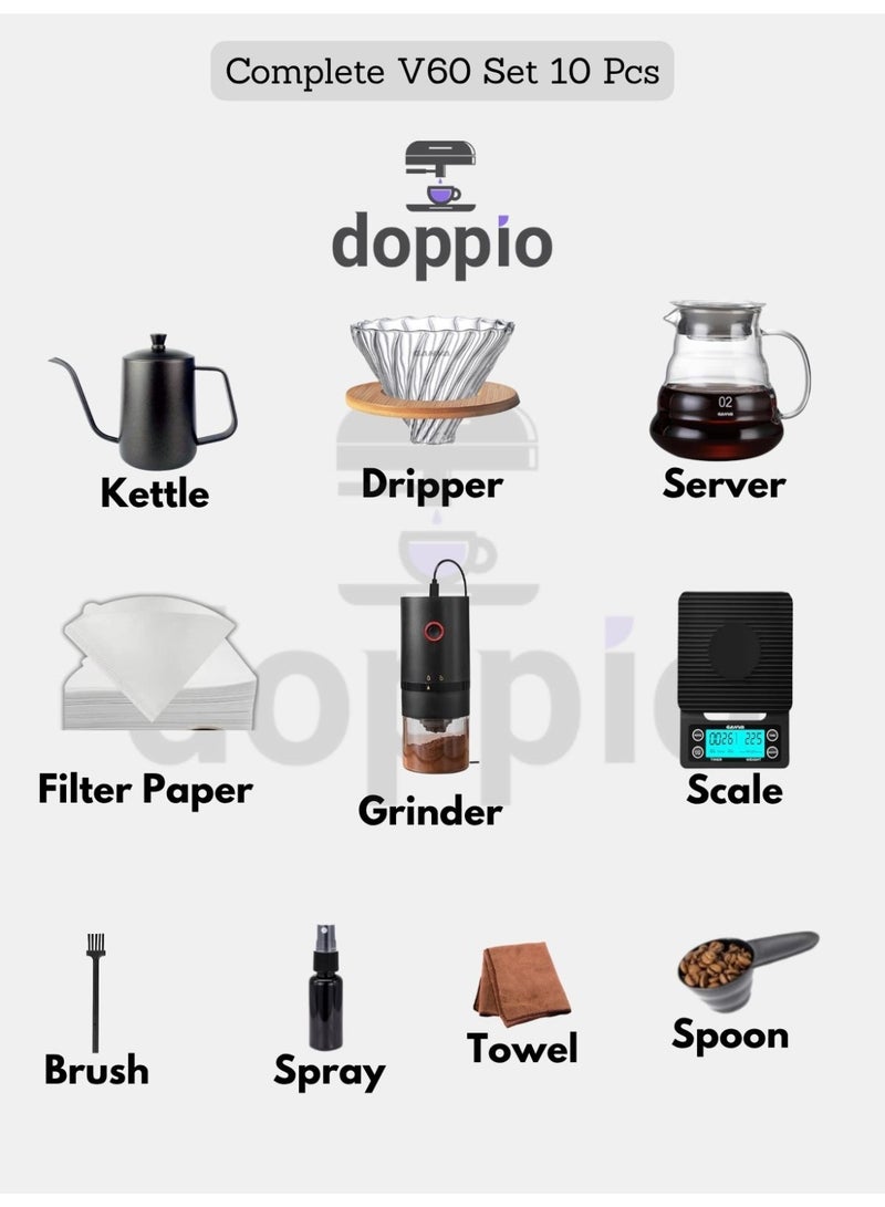 Doppio Doppio V60 Coffee Brewing Set – 10-Piece Premium Pour Over Kit with Electric Grinder Set-10  - Image 3