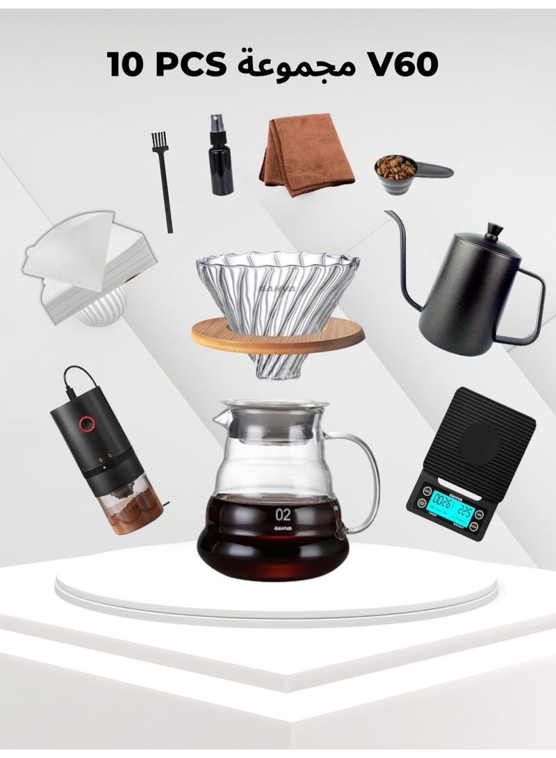 Doppio Doppio V60 Coffee Brewing Set – 10-Piece Premium Pour Over Kit with Electric Grinder Set-10  - Image 1