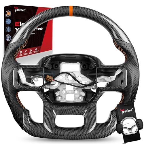 TESFEEL Real Carbon Fiber Steering Wheel Heated for Ford F150 Raptor (2021-2025 Gen 3), Orange Stripe & Stitching, D-Shape, Includes Matching Trim, Nappa Leather, for Raptor (Base V6 Models) - Image 1
