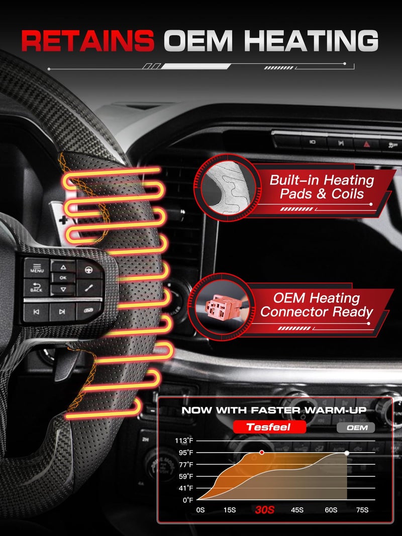 TESFEEL Real Carbon Fiber Steering Wheel Heated for Ford F150 Raptor (2021-2025 Gen 3), Orange Stripe & Stitching, D-Shape, Includes Matching Trim, Nappa Leather, for Raptor (Base V6 Models) - Image 4