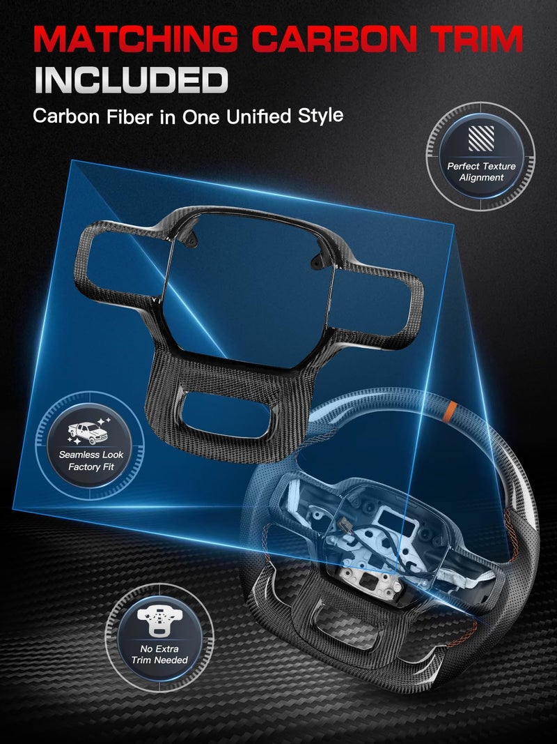 TESFEEL Real Carbon Fiber Steering Wheel Heated for Ford F150 Raptor (2021-2025 Gen 3), Orange Stripe & Stitching, D-Shape, Includes Matching Trim, Nappa Leather, for Raptor (Base V6 Models) - Image 5