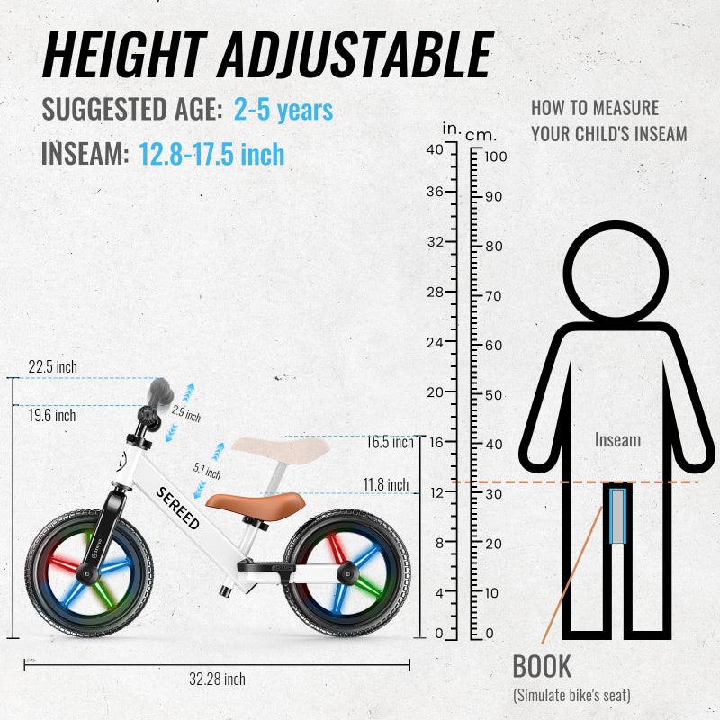 SEREED Toddler Balance Bike 2 Year Old, No Pedal Kids Bicycle Toys for 2-5 Years Old, Tool-Free Adjustment, Customize Plate with Stickers, Gift for 2-3 Boys Girls (White Lighting) - Image 3