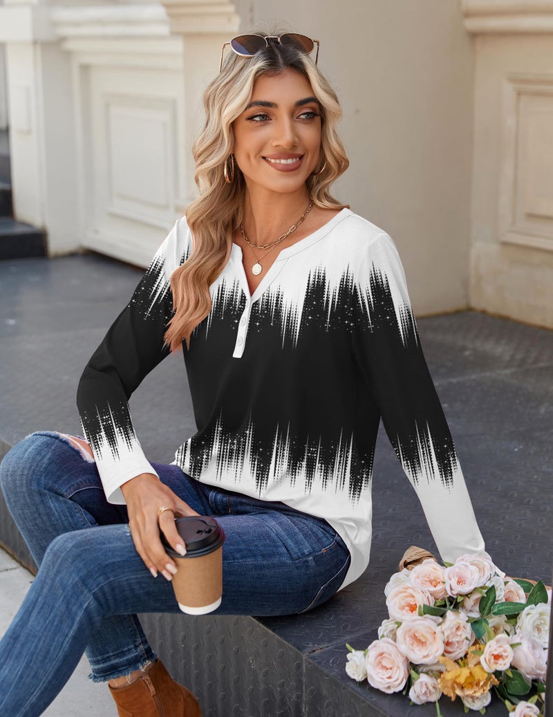 Zeagoo Women's Long Sleeve Tops V Neck Summer Fall Blouses Dressy Casual Work Clothes Gradient Black White - Image 5