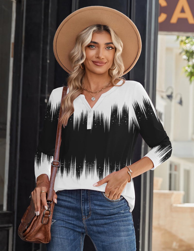 Zeagoo Women's Long Sleeve Tops V Neck Summer Fall Blouses Dressy Casual Work Clothes Gradient Black White - Image 4