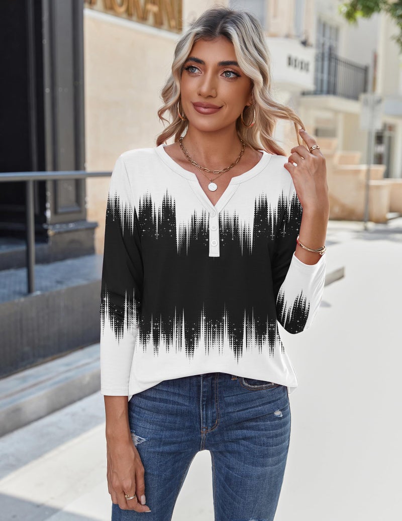 Zeagoo Women's Long Sleeve Tops V Neck Summer Fall Blouses Dressy Casual Work Clothes Gradient Black White - Image 2
