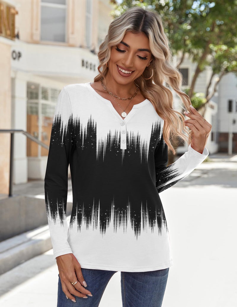 Zeagoo Women's Long Sleeve Tops V Neck Summer Fall Blouses Dressy Casual Work Clothes Gradient Black White - Image 3
