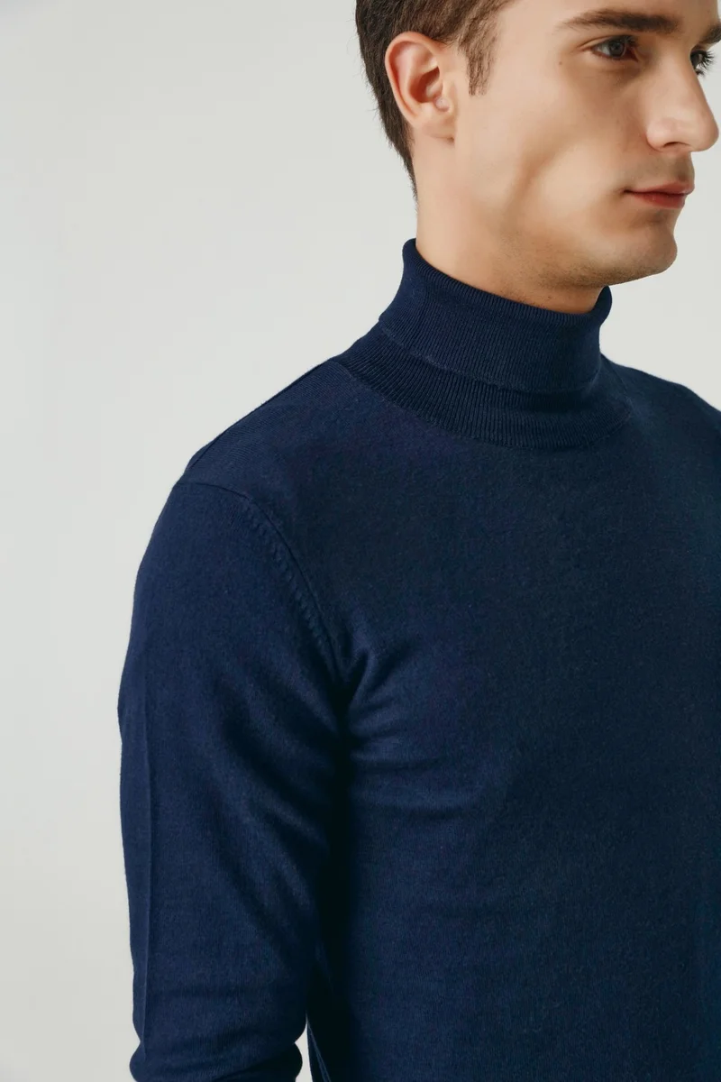 D'S DAMAT Regular Fit Navy Blue Cotton Blend Turtleneck Knitwear Sweater 5HF06ORT12007