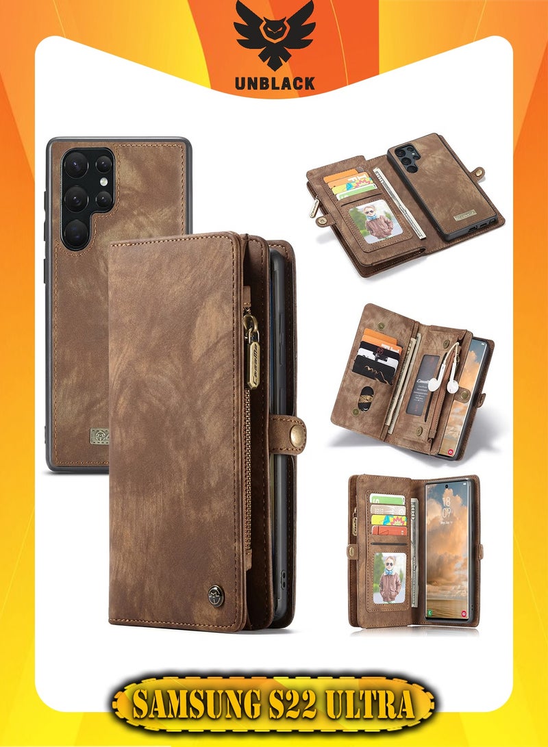 CaseMe Protective Phone Cover Case Wallet Case For Samsung Galaxy 22 Ultra, 2 in 1 Detachable Premium Leather Magnetic Zipper Pouch Wristlet Flip Phone Case (Brown)  - Image 1