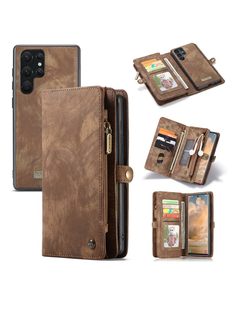 CaseMe Protective Phone Cover Case Wallet Case For Samsung Galaxy 22 Ultra, 2 in 1 Detachable Premium Leather Magnetic Zipper Pouch Wristlet Flip Phone Case (Brown)  - Image 2