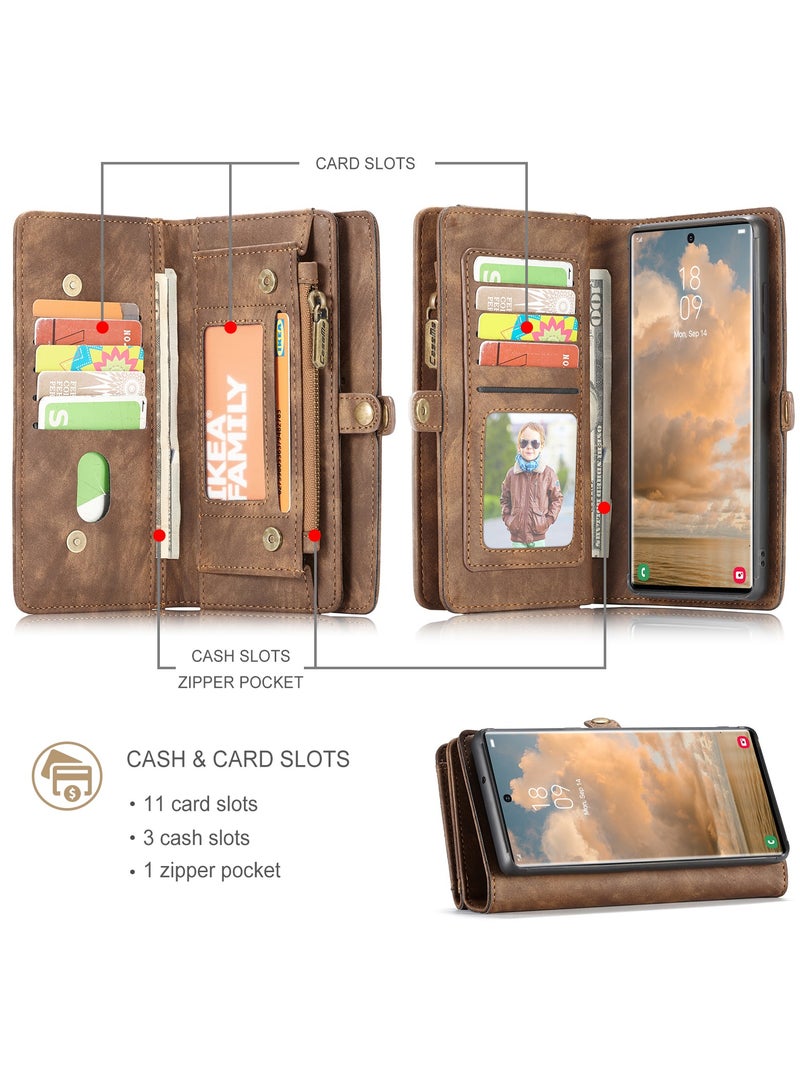 CaseMe Protective Phone Cover Case Wallet Case For Samsung Galaxy 22 Ultra, 2 in 1 Detachable Premium Leather Magnetic Zipper Pouch Wristlet Flip Phone Case (Brown)  - Image 3