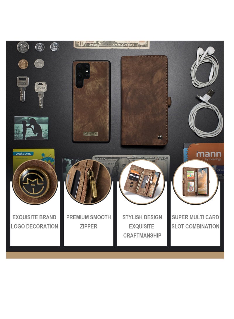 CaseMe Protective Phone Cover Case Wallet Case For Samsung Galaxy 22 Ultra, 2 in 1 Detachable Premium Leather Magnetic Zipper Pouch Wristlet Flip Phone Case (Brown)  - Image 4