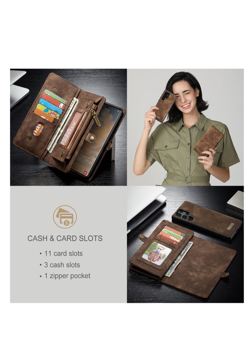 CaseMe Protective Phone Cover Case Wallet Case For Samsung Galaxy 22 Ultra, 2 in 1 Detachable Premium Leather Magnetic Zipper Pouch Wristlet Flip Phone Case (Brown)  - Image 5
