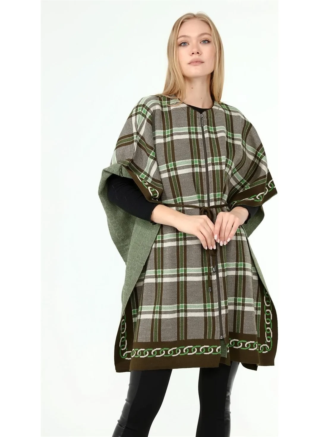 Garmi Women's Plaid Detail Poncho Khaki