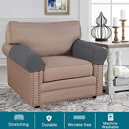 Turquoize Stretch Armrest Covers for Chairs and Sofas Couch Arm Covers for Sofa Spandex Jacquard Armrest Cover Anti-Slip Furniture Protector Washable Armchair Slipcovers for Recliner Set of 2, Gray - Image 2
