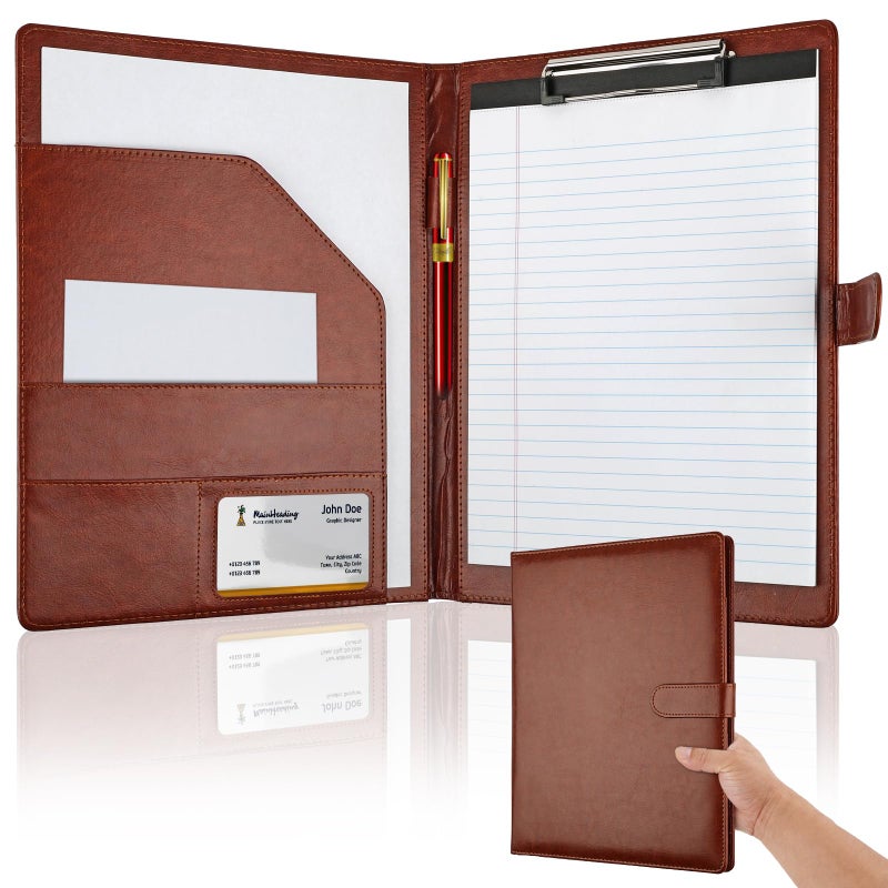 MOWPOG Professional Padfolio with Clipboard, Faux Leather Portfolio Folder Binder, Legal Pad Holder for A4 Letter Size Notepad, Resume, Writing Pad, Ideal Organizer for Business Office Conference (Brown) - Image 1