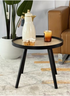 Living Modern brown wooden table, with black iron legs, 40X39 cm.  - Image 2