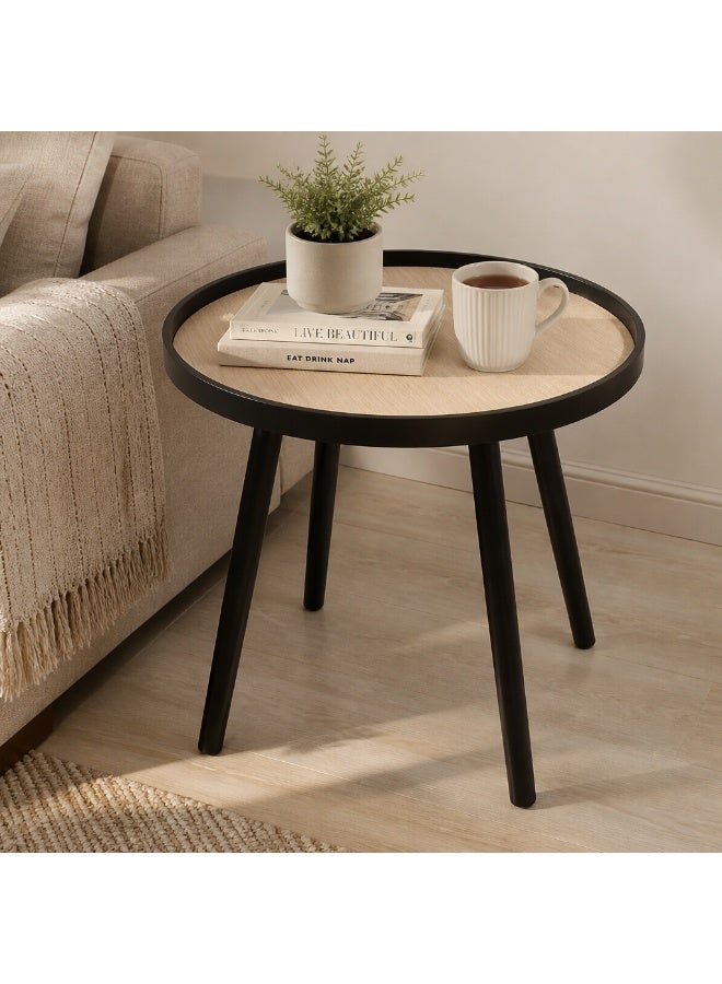 Living Modern Round Wooden Side Table with Black Edges & Legs | Minimalist Coffee & Display Accent Table - Image 1