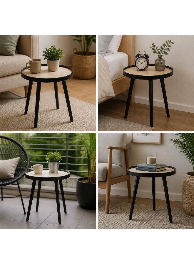 Living Modern Round Wooden Side Table with Black Edges & Legs | Minimalist Coffee & Display Accent Table - Image 3