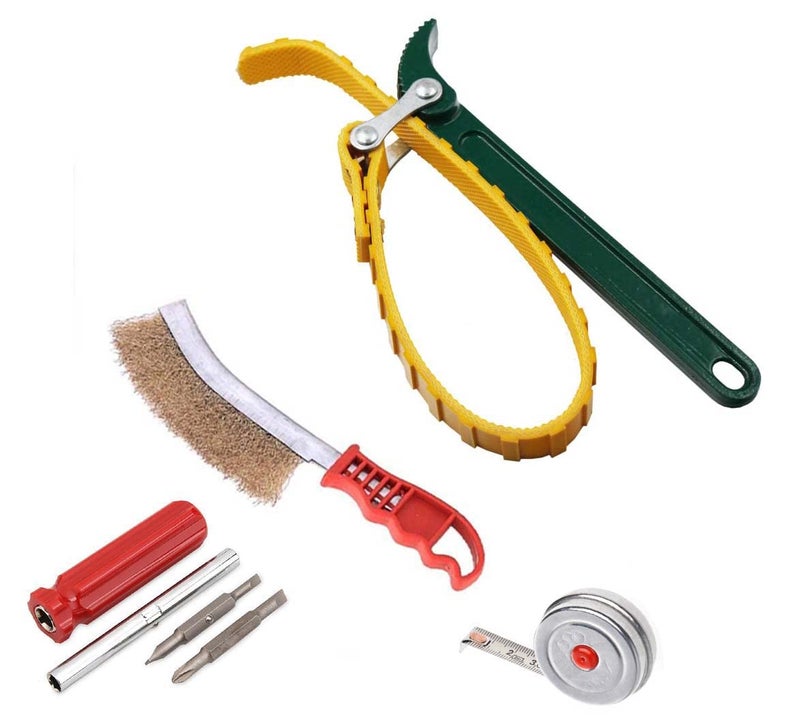 Digital Craft 4 Item Combo 9Inch Box End Belt Type Oil Filter Wrench Auto Tool Engine Box Spanner Fuel Filter Yellow Green WithBelt Wrench Hand Brush 4in1 Screw Driver 2mtr Steel Tape - Image 1