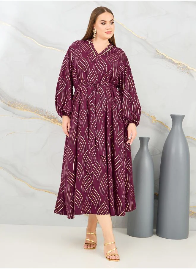Styli Foil Print Lace Trim Jalabiya
