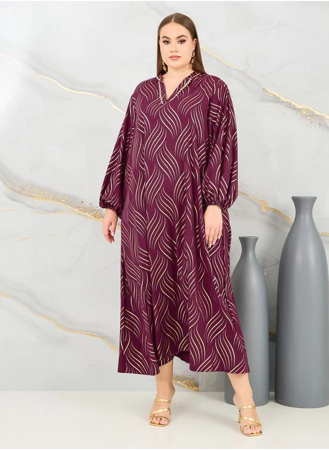 Styli Foil Print Lace Trim Jalabiya