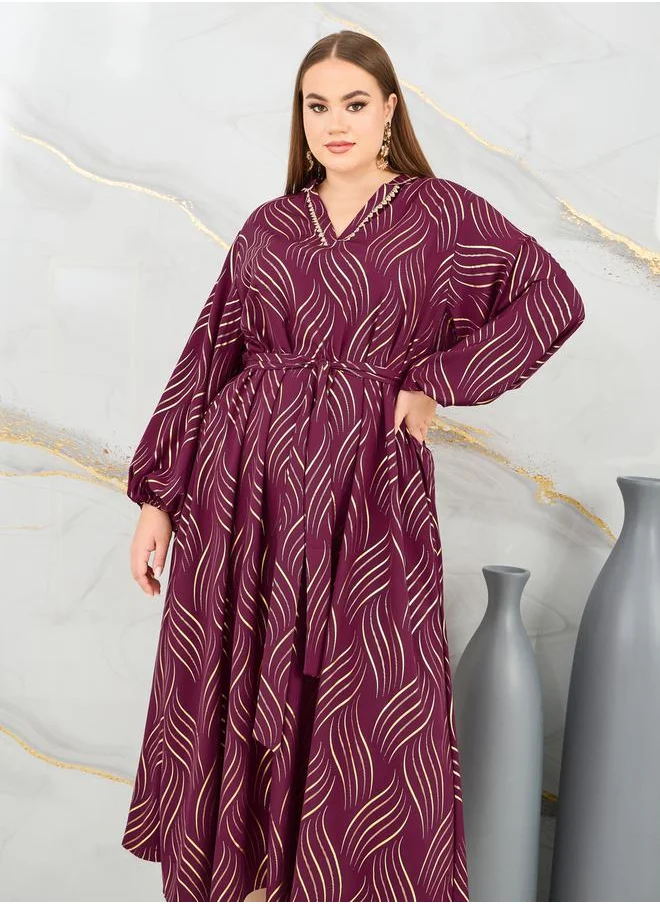 Styli Foil Print Lace Trim Jalabiya
