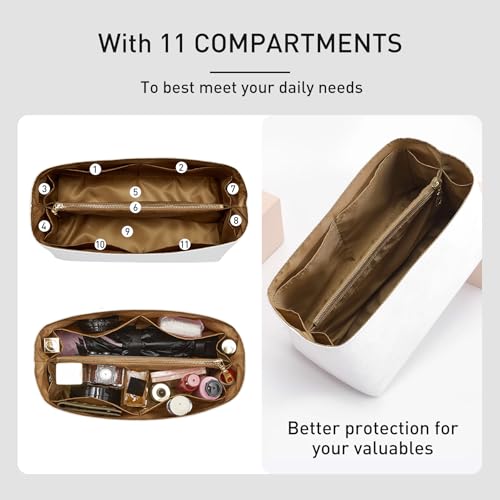 OAikor Purse Organizer Insert Compatible with lv Speedy 25/Monogram Bags and More, Light Waterproof Dupont Paper Bag Insert Shaper Protector for Women Tote Handbags, 11 Pockets with Zip(White&Brown,M) - Image 3