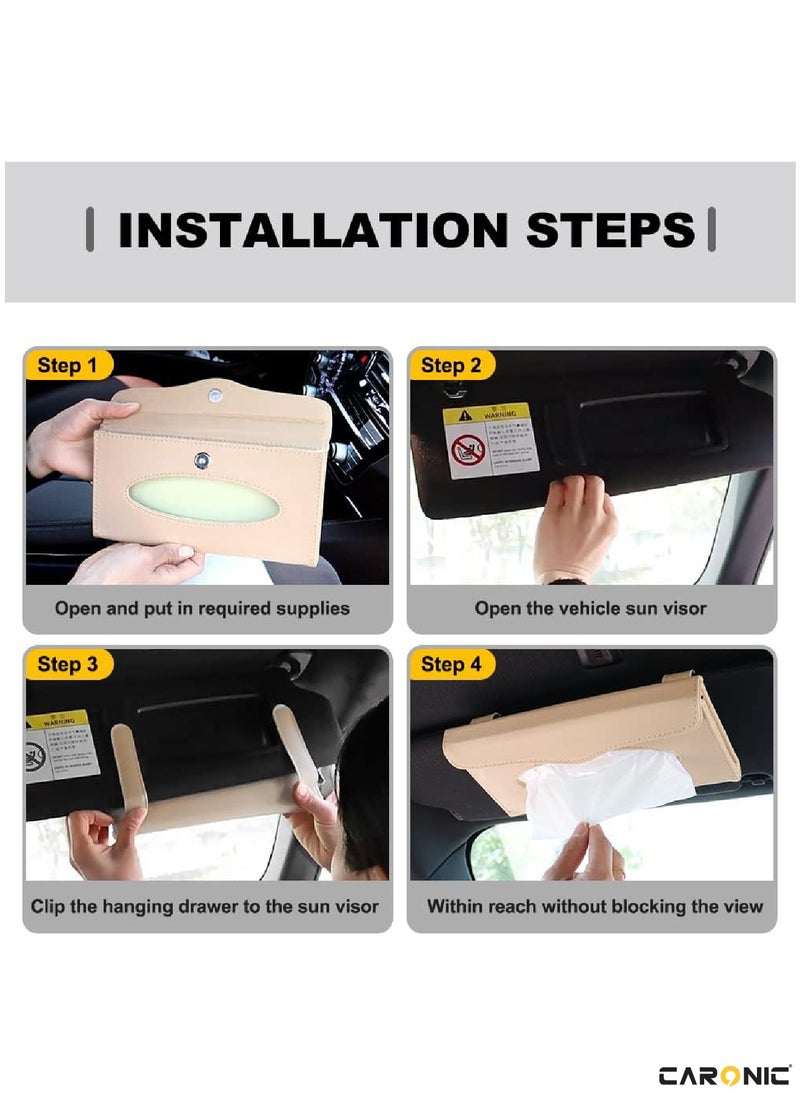 CARONIC Car Sun Visor Tissue Box PU Leather Napkin Paper Cover Case Beige  - Image 3