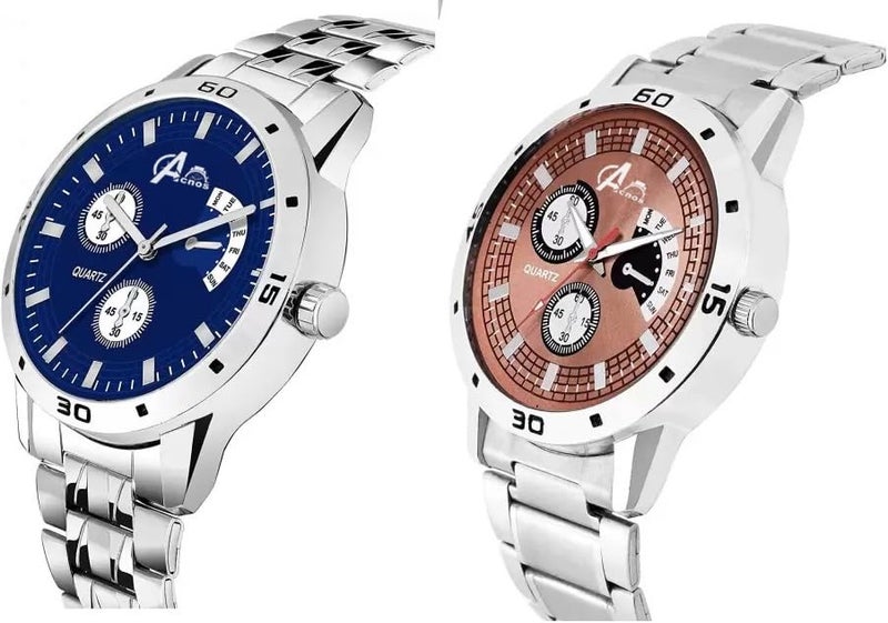 Acnos® Premium Stainless Steel Analog Watch for Men Combo Pack of 2 Arrival Blue Brown - Image 2