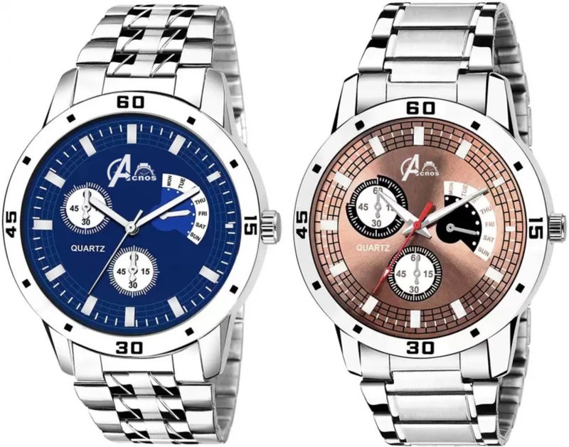 Acnos® Premium Stainless Steel Analog Watch for Men Combo Pack of 2 Arrival Blue Brown - Image 1
