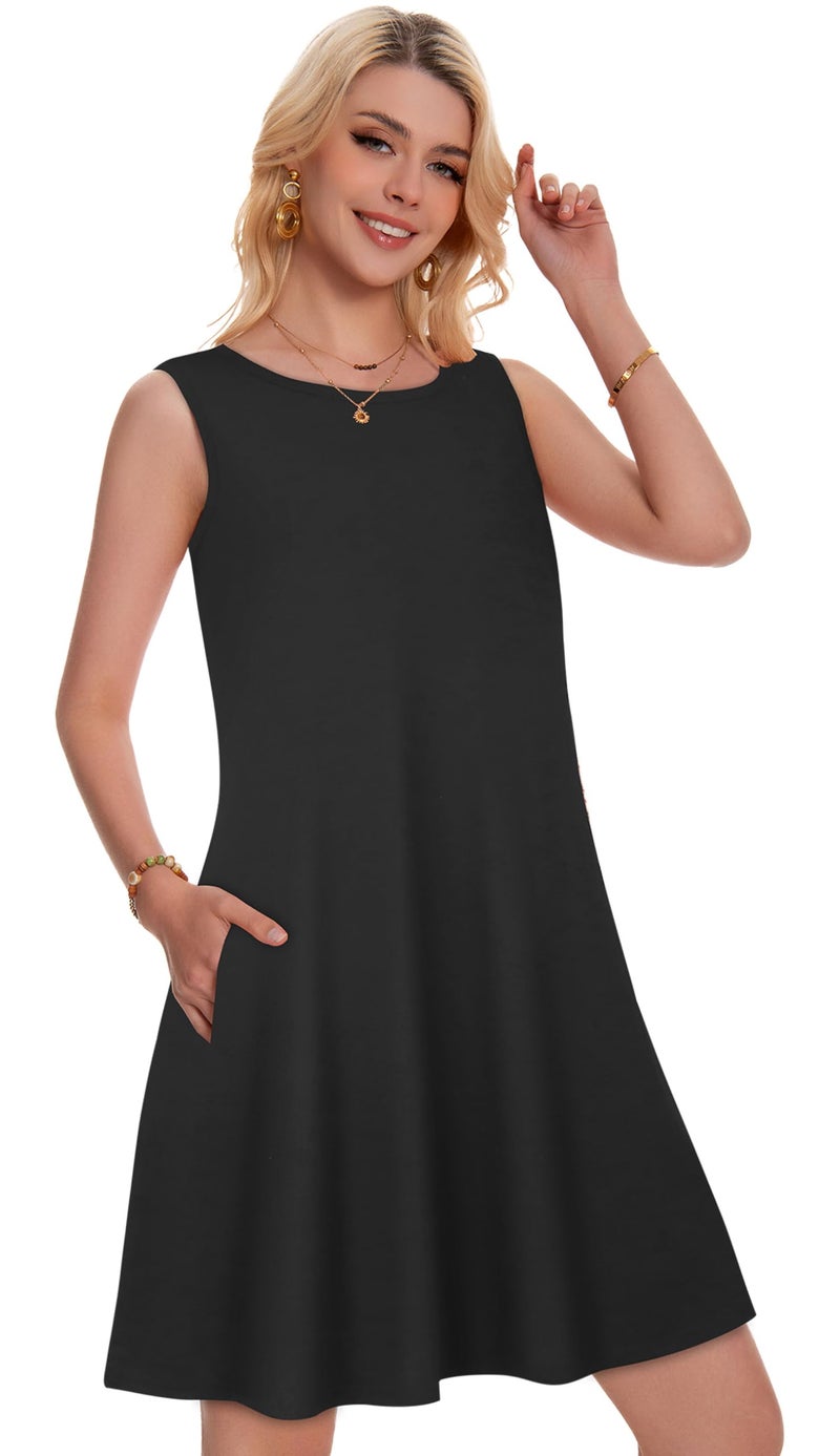 elescat Womens Casual Tank Dresses for Summer Flowy Plus Sleeveless Mini Pocket Sun Dress(Solid Black,L) - Image 2