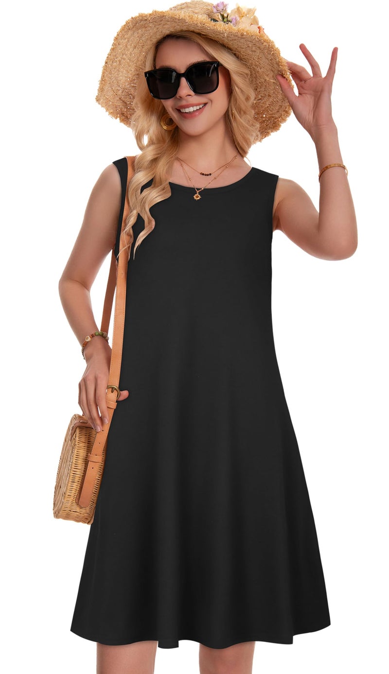 elescat Womens Casual Tank Dresses for Summer Flowy Plus Sleeveless Mini Pocket Sun Dress(Solid Black,L) - Image 3