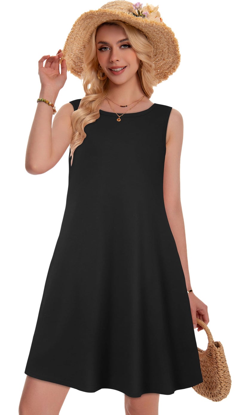 elescat Womens Casual Tank Dresses for Summer Flowy Plus Sleeveless Mini Pocket Sun Dress(Solid Black,L) - Image 4