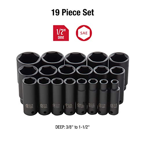 SUNEX TOOLS 2641, 1/2 Inch Drive Deep Impact Socket Set, 19-Piece, SAE, 3/8" - 1-1/2", Cr-Mo Alloy Steel, Radius Corner Design, Dual Size Markings, Heavy Duty Storage Case - Image 2