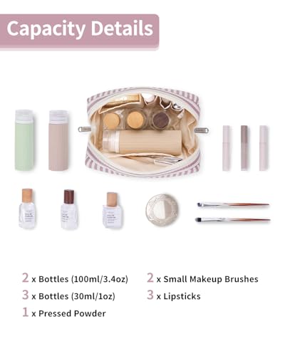 Narwey Small Striped Makeup Bag for Purse Mini Cosmetic Bag Travel Makeup Pouch Zipper Pouch Cute Make up Bags with Compartments for Women Girls (Dusty Rose Stripe, Small) - Image 2