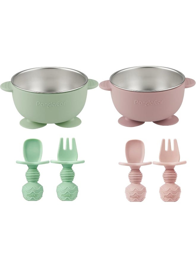 PandaEar طقم باندا إير من 2 وعاء سحب من الفولاذ المقاوم للصدأ للأطفال و4 قطع من أدوات الطعام السيليكون للأطفال - Image 1