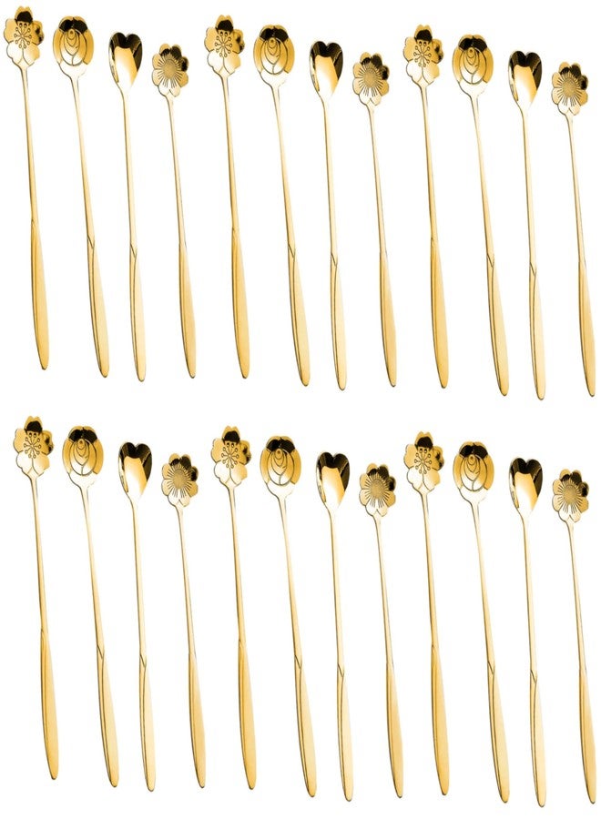 Tyagy Resuable Stainless Steel Dessert Spoons Set with Long Handle Flower Shaped Golden Spoon Set (Pack of 24 Pcs) - Image 1