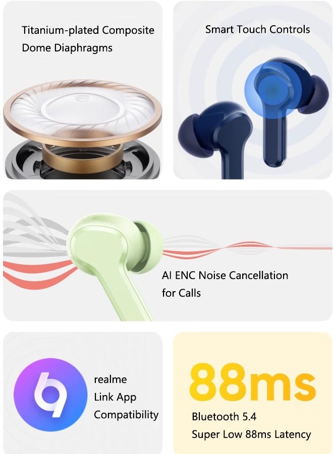 ريل مي سماعات أذن لاسلكية Buds T110، مقاومة للماء IPX5، بلوتوث 5.4، تشغيل إجمالي يصل إلى 38 ساعة - Image 3