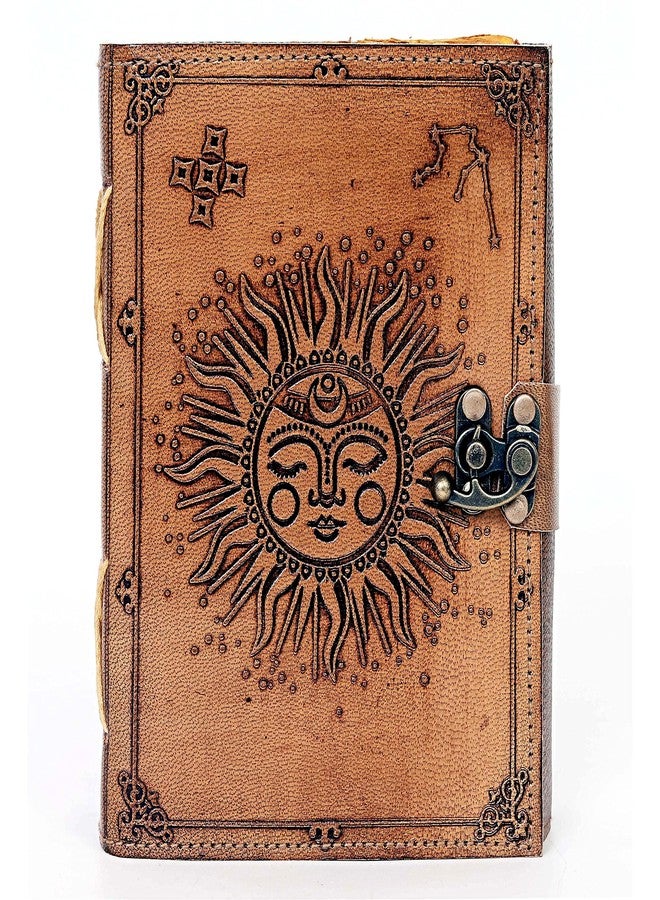 CREATIVE LEATHER ART مفكرة جلدية بنقشة الشمس والقمر، 220 صفحة، ورق ذو حواف خشنة، مفكرة عتيقة، دفتر ملاحظات جلدي، مفكرة مصنوعة يدوياً، مفكرة جلدية عتيقة للرجال والنساء (7 × 5 بوصة، لون بني فاتح) - Image 2