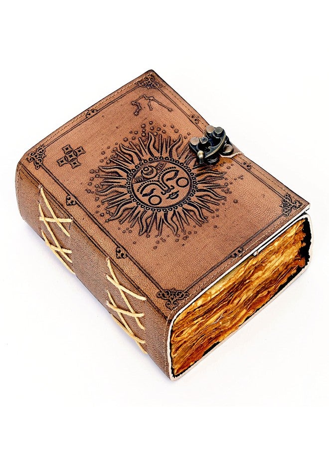 CREATIVE LEATHER ART مفكرة جلدية بنقشة الشمس والقمر، 220 صفحة، ورق ذو حواف خشنة، مفكرة عتيقة، دفتر ملاحظات جلدي، مفكرة مصنوعة يدوياً، مفكرة جلدية عتيقة للرجال والنساء (7 × 5 بوصة، لون بني فاتح) - Image 5