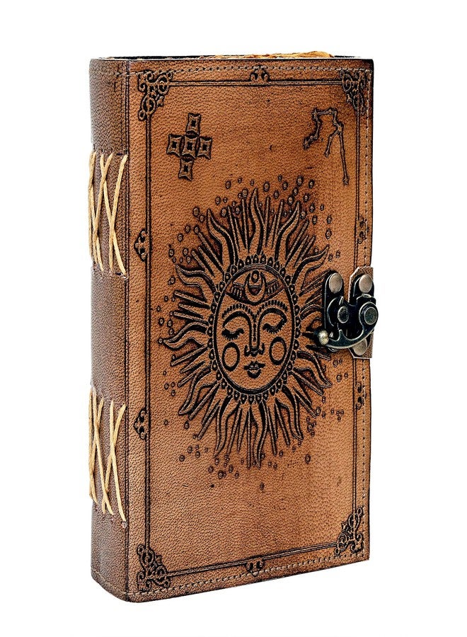 CREATIVE LEATHER ART مفكرة جلدية بنقشة الشمس والقمر، 220 صفحة، ورق ذو حواف خشنة، مفكرة عتيقة، دفتر ملاحظات جلدي، مفكرة مصنوعة يدوياً، مفكرة جلدية عتيقة للرجال والنساء (7 × 5 بوصة، لون بني فاتح) - Image 1