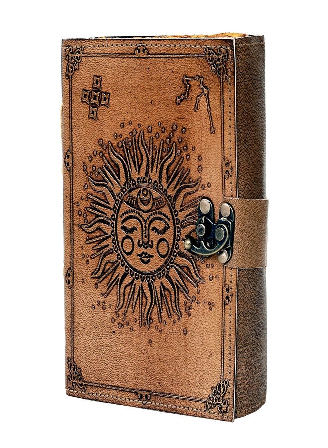 CREATIVE LEATHER ART مفكرة جلدية بنقشة الشمس والقمر، 220 صفحة، ورق ذو حواف خشنة، مفكرة عتيقة، دفتر ملاحظات جلدي، مفكرة مصنوعة يدوياً، مفكرة جلدية عتيقة للرجال والنساء (7 × 5 بوصة، لون بني فاتح) - Image 3