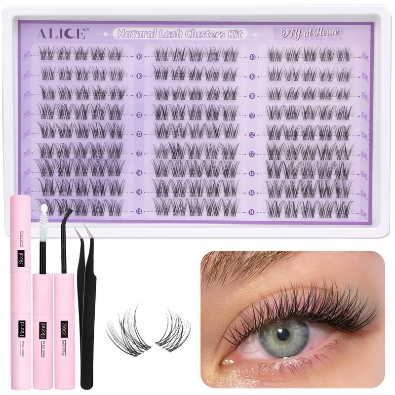 ALICE Natural Lash Extension Kit Lash Clusters Kit Wispy Cluster Eyelash Extension Kit with 135pcs Clear Band CCurly 1014mm Eyelash Clusters Lash Glue Bond and Seal